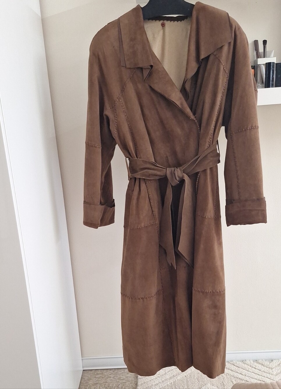 Women's Brown Suede Self-Tie Trench Coat